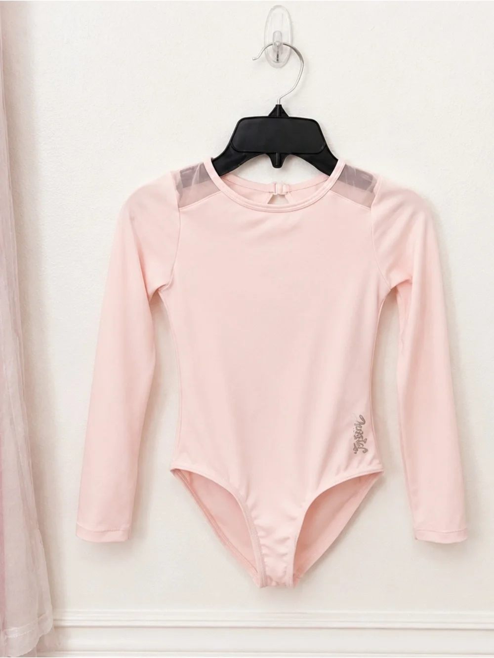 Justice Light Pink Long Sleeve Dance Leotard with Mesh Accents